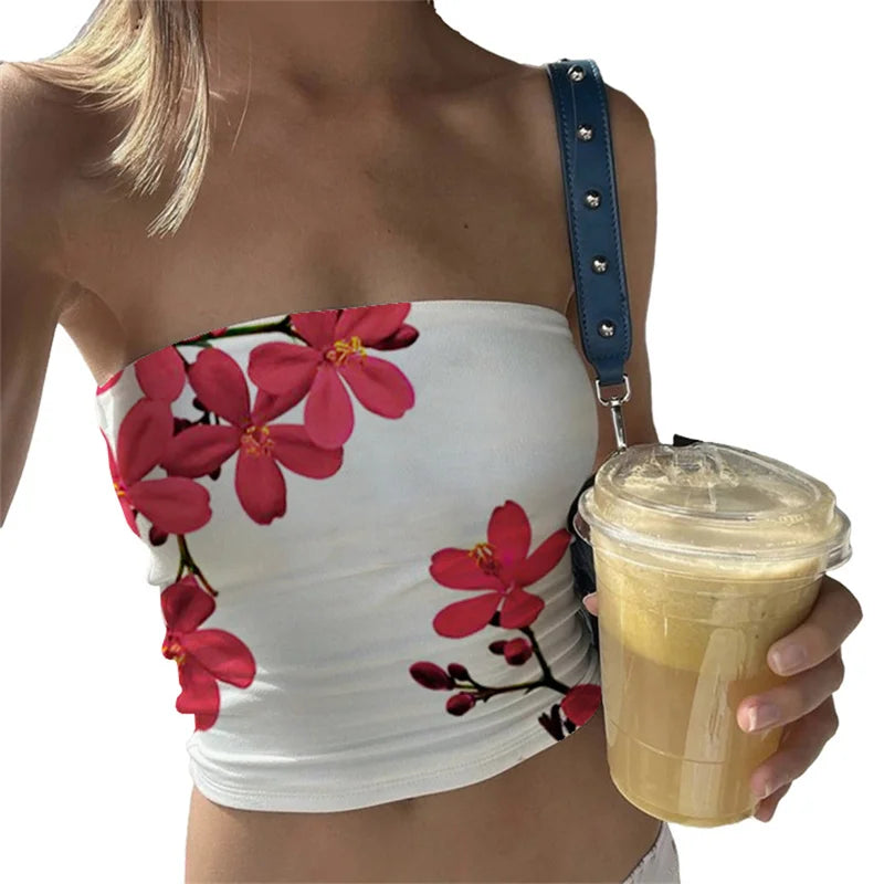 Summer Tube Tops for Women Floral Print off Shoulder Strapless Bandeau 2000S Aesthetic Y2K Clothes