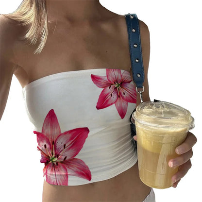 Summer Tube Tops for Women Floral Print off Shoulder Strapless Bandeau 2000S Aesthetic Y2K Clothes